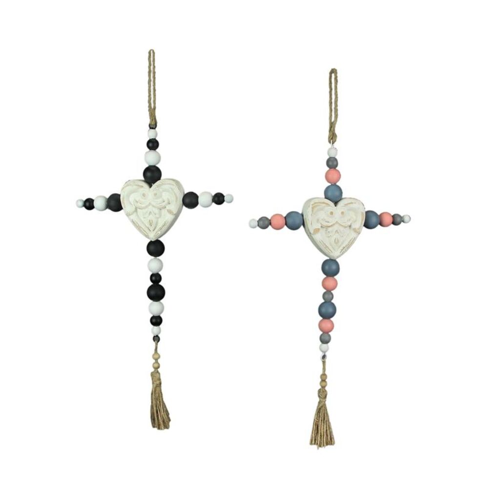 19 Inch Wooden Bead Cross Wall Hanging Home Decor Modern Decorative Art Set of 2